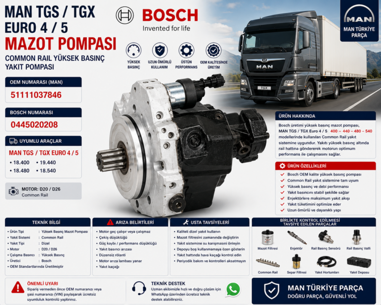 MAN TGS / TGX Euro 4 / Euro 5 400 / 440 / 480 / 540 HP Common Rail Mazot Pompası | Bosch OEM: 0445020208 | MAN OEM: 51111037846 | Bosch / MAN Orijinal