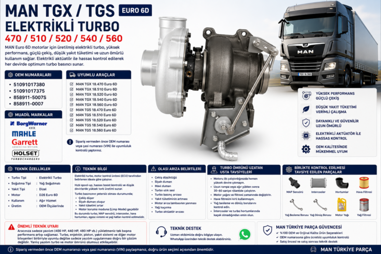 MAN TGX / TGS Euro 6D Elektrikli Turbo | 18.470 / 18.510 / 18.520 / 18.540 / 18.560 | OEM: 51091017380 / 51091017375 / 858911-5007S / 858911-0007 | BorgWarner (KKK) / MAHLE / Garrett / Holset